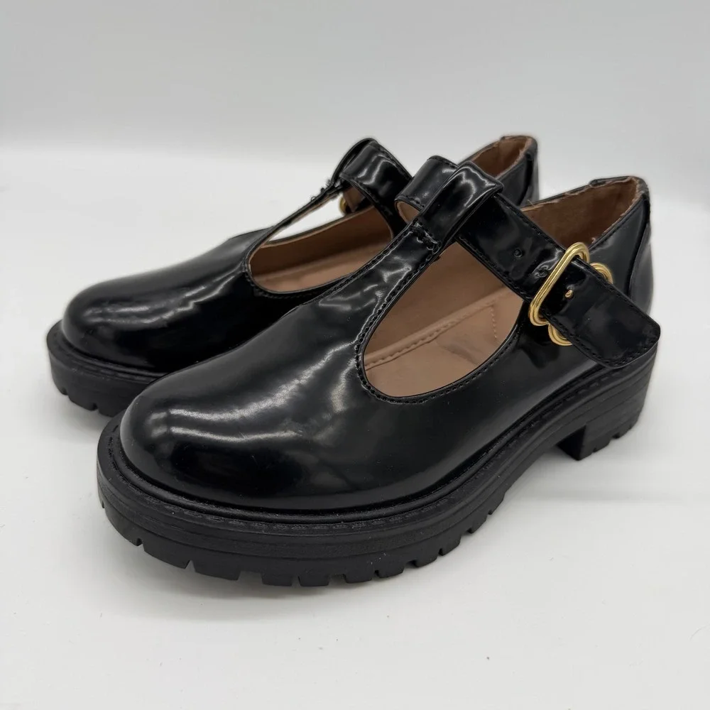 Sam Edelman Kids Black Patent T-Strap Mary Jane Lug Sole Shoes US 12M